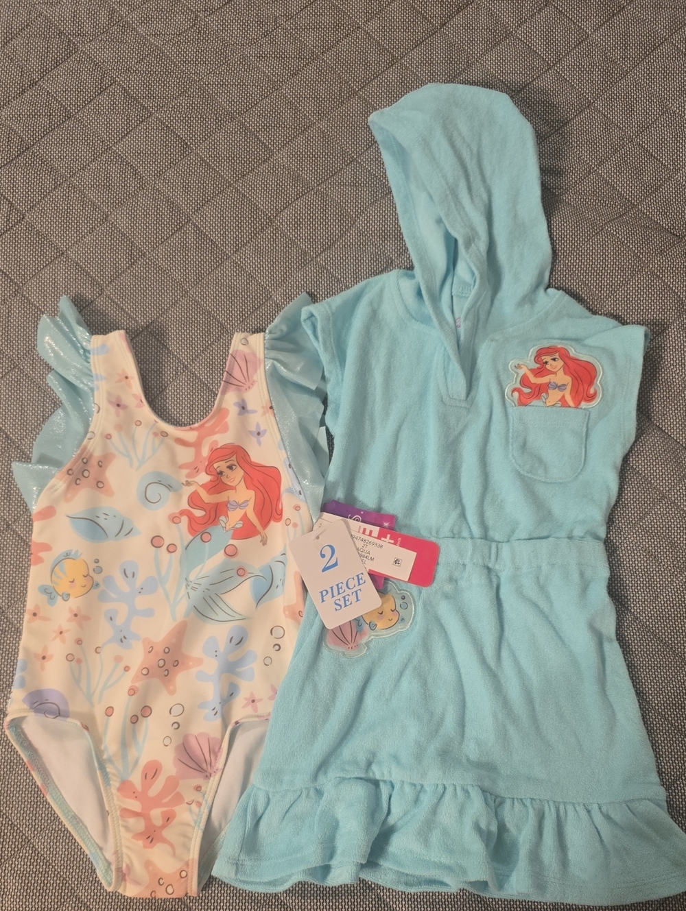 Disney Little Mermaid Girls Light Blue Hooded Cover-Up & Ariel Swimsuit Set
